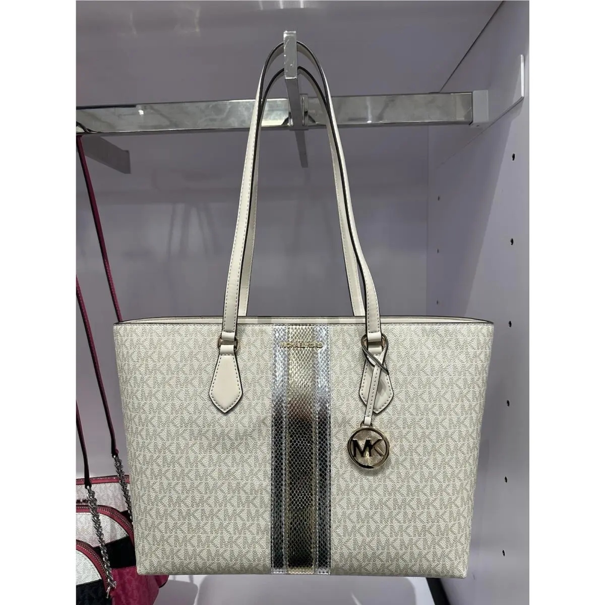 Sheila Large Signature Logo and Metallic Tote Bag - Pale Gold by Michael Kors