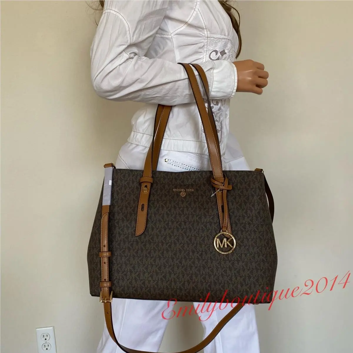 Mel Medium Tote Brown Signature Canvas Leather Crossbody Bag by Michael Kors