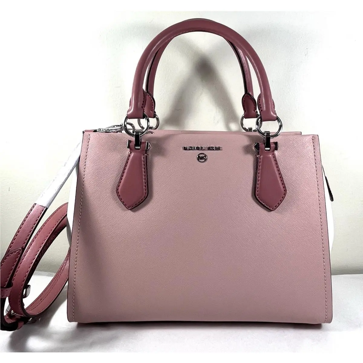 Michael Kors Marilyn Rose White Multi Saffiano Leather Medium Satchel Bag