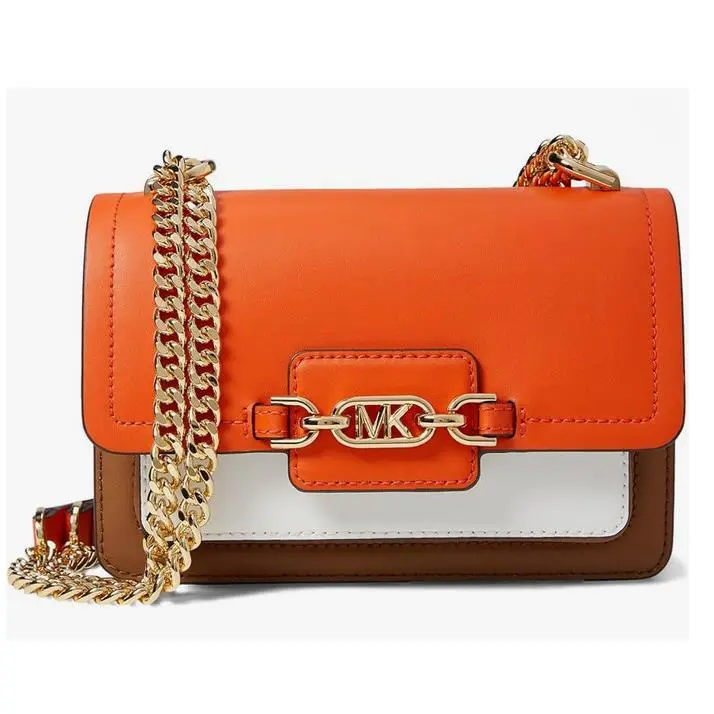 Michael Kors Heather XS Phone Leather Chain Crossbody Optic White/orange
