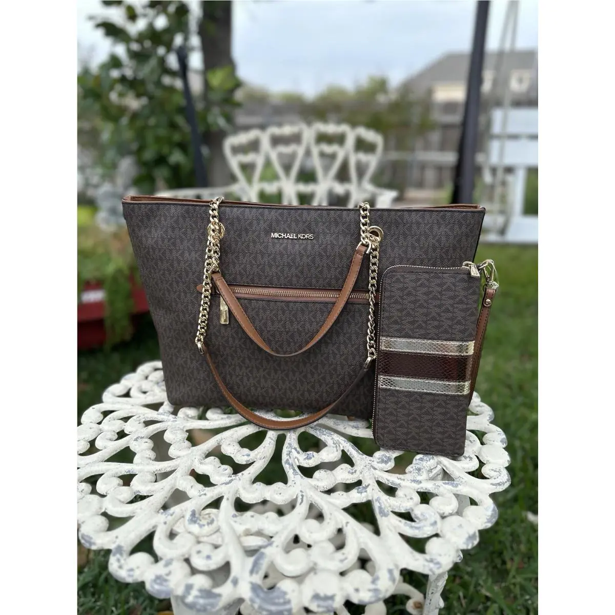 Michael Kors Jet Set Item Large Front Pocket Chain Tote Bag Purse Wallet Brown