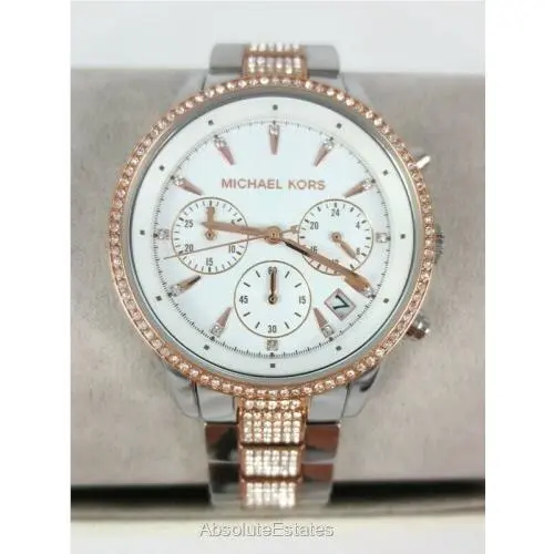 Michael Kors Ritz Two Tone Rose Gold Silver Glitz Chronograph Watch MK6651