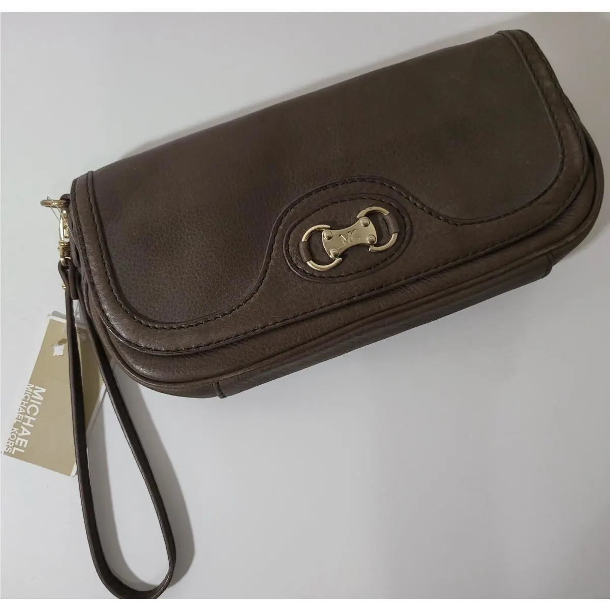 Michael Kors Brown Clutch Pebbled Leather Wristlet Pouch Gold Hardware