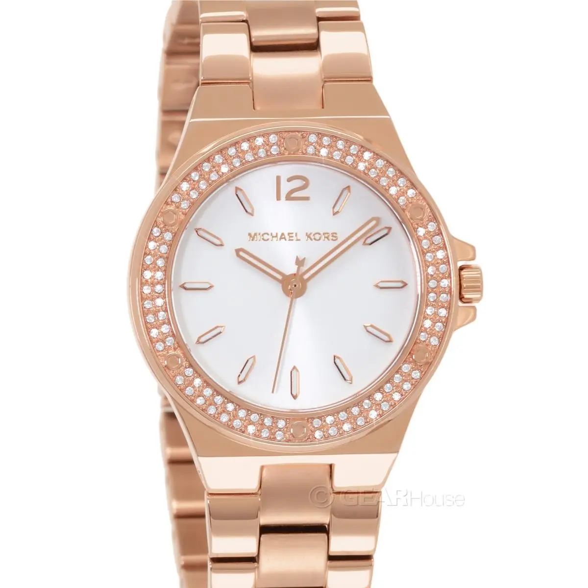 Michael Kors Lennox Womens Pave Crystal Watch White Dial Rose Gold Steel Band