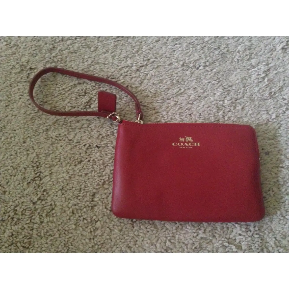Coach Wristlet Wallet Red Leather Card Pockets Gold Zipper Strap Orig.$75