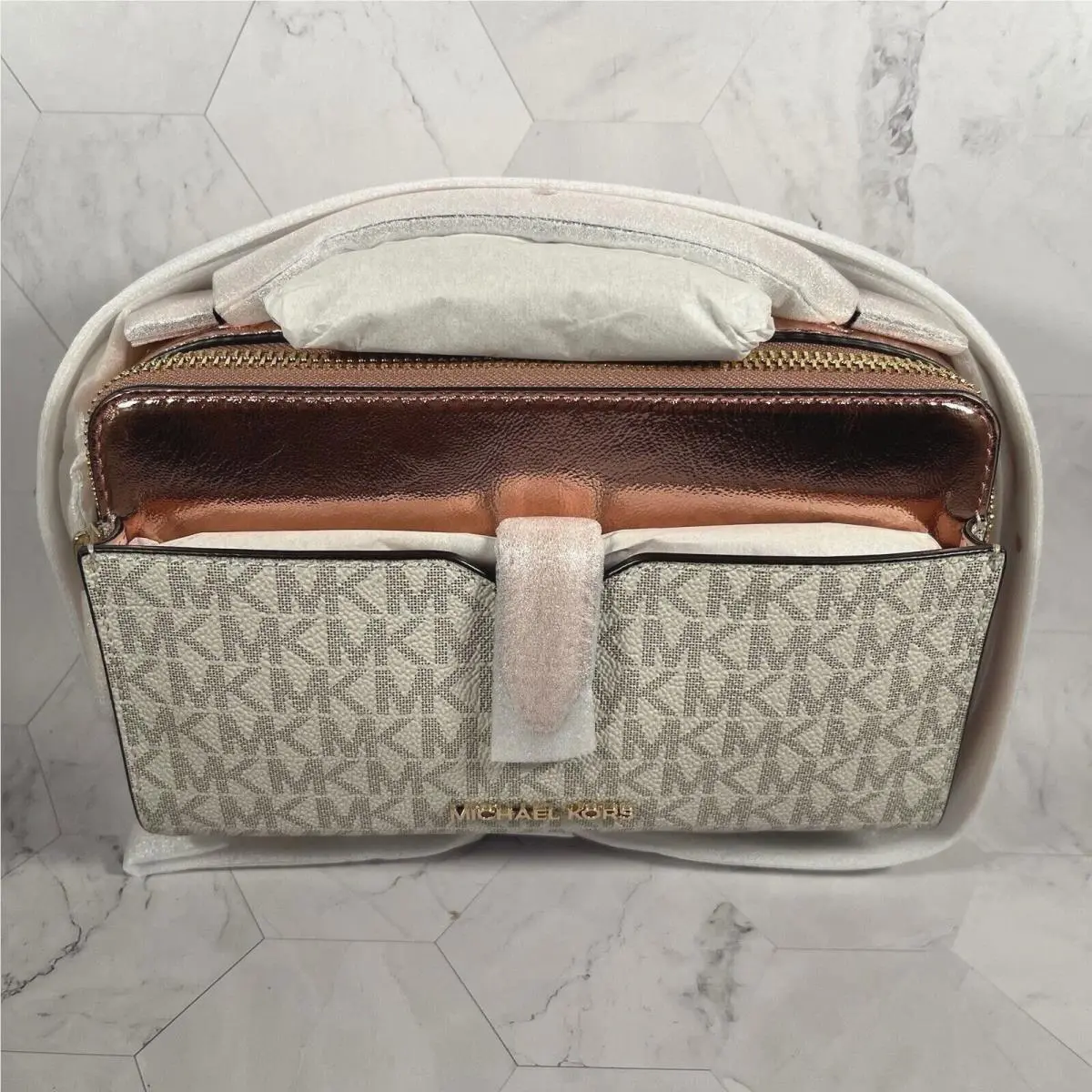 Jet Set Metallic Prim Rose Pink Bag Double-zip Crossbody Purse by Michael Kors