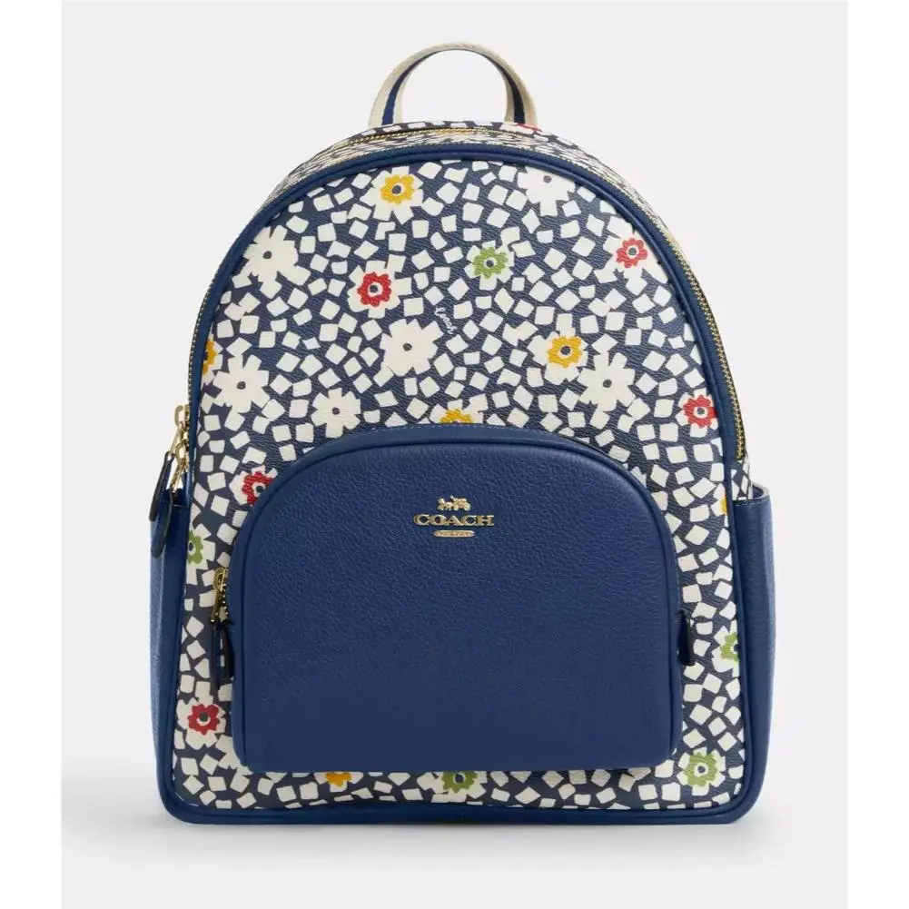 Coach Court Deep Blue Mult Floral P Signature Canvas Leather Backpack CBM23