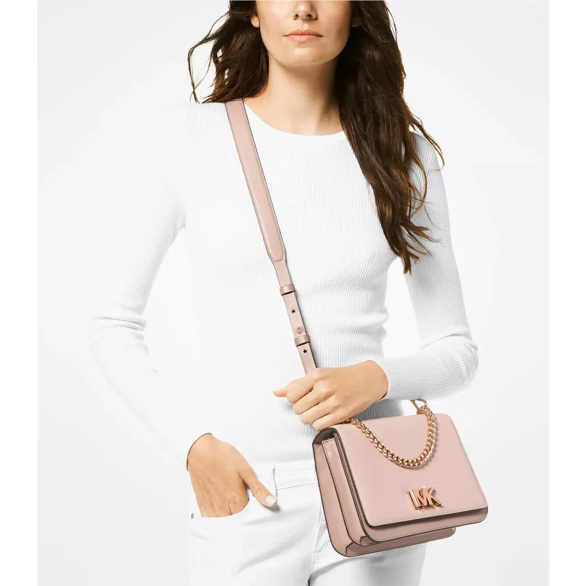 Michael Kors Mott Large Chain Swag Satchel Crossbody in Soft Pink