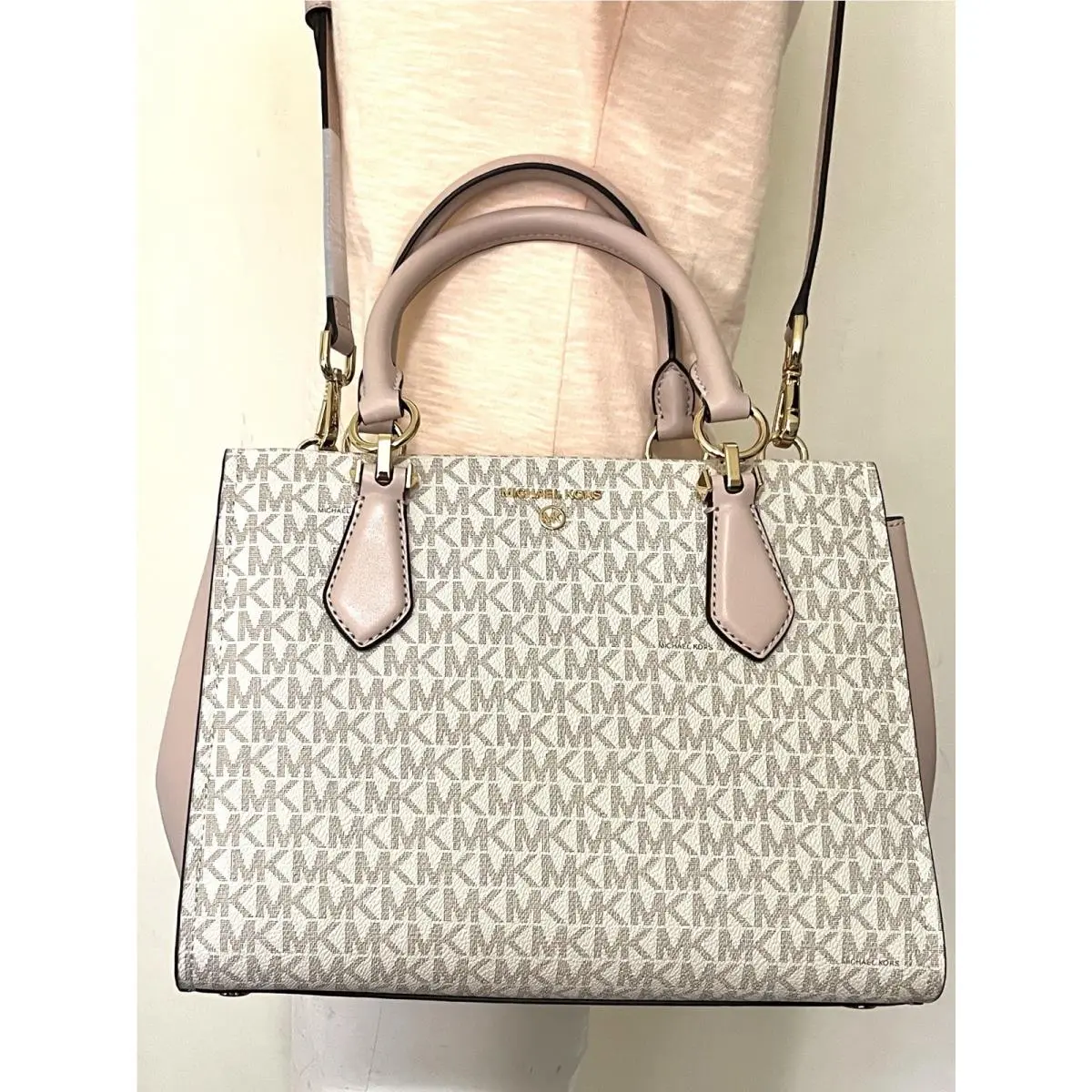 Michael Kors Marilyn Vanilla Blush MK Signature Canvas Coated Medium Satchel Bag