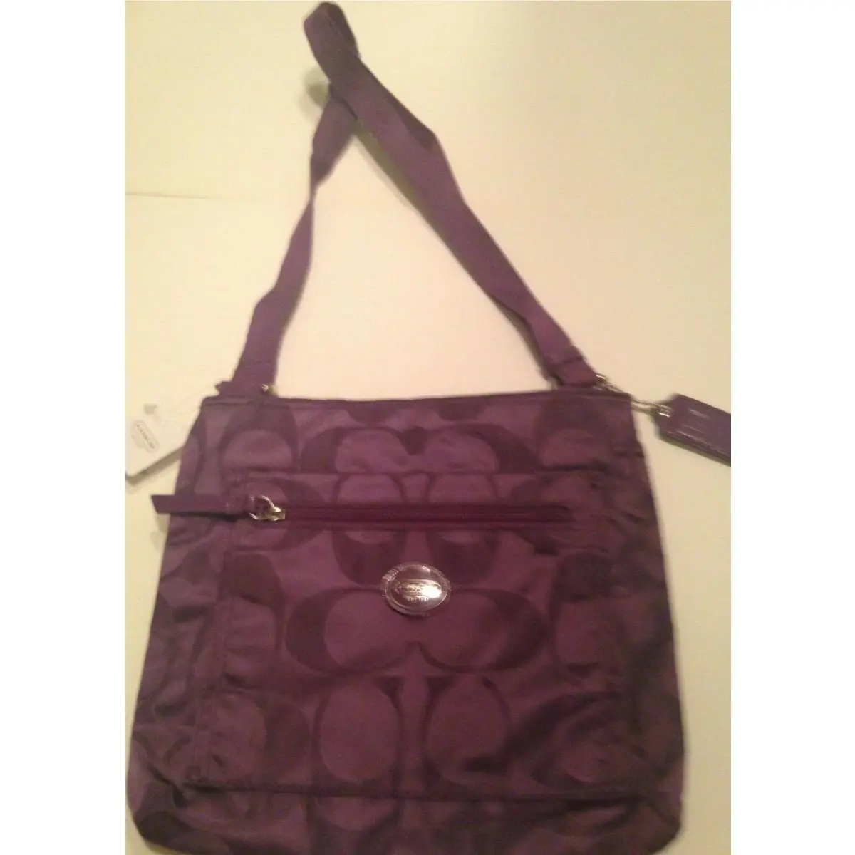 w/ Tags Coach Amethyst Purple Satin Crossbody C Pattern Zipper Orig