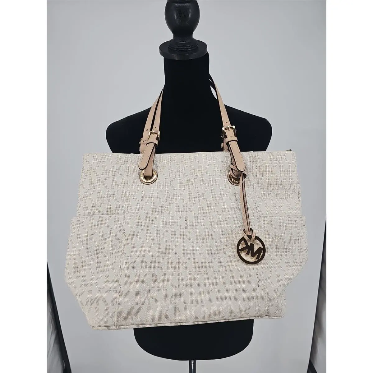 Michael Kors Jet Set Logo Print Signature Vanilla Tote Handbag