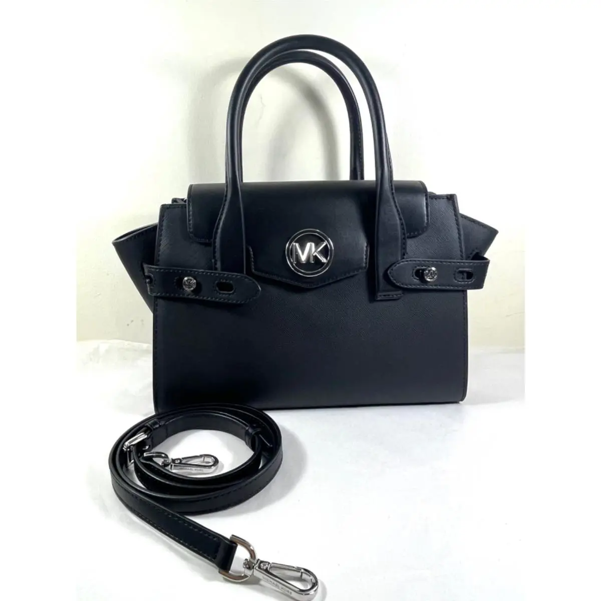 Michael Kors Carmen Black Silver Saffiano Leather Medium Satchel Shoulder Bag
