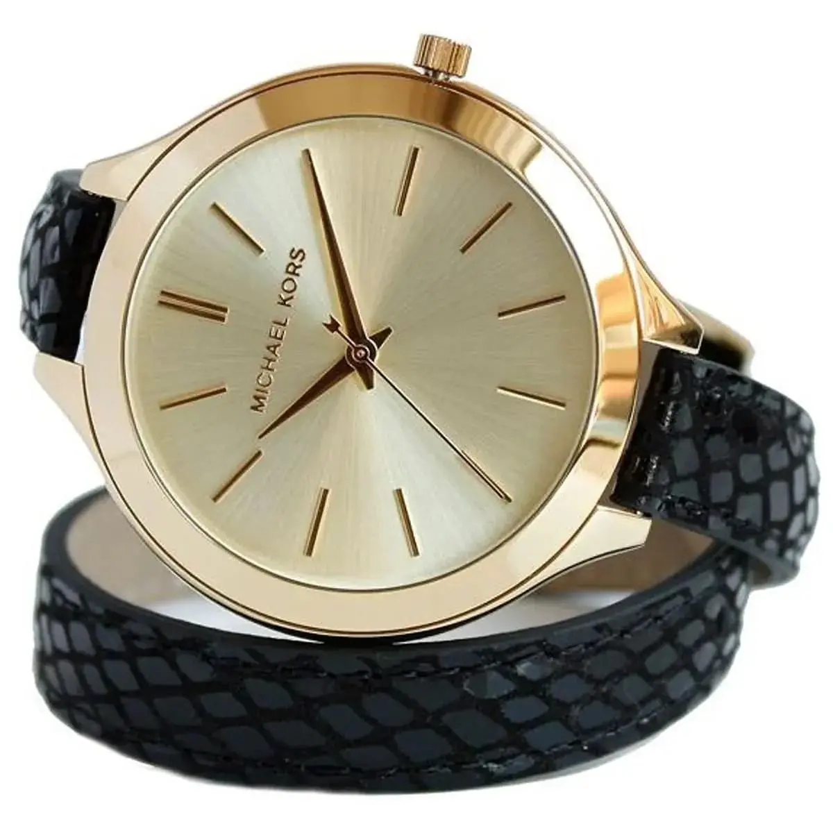 Michael Kors Runway Gold Tone Black Double Wrap Around Leather Slim Watch MK2315