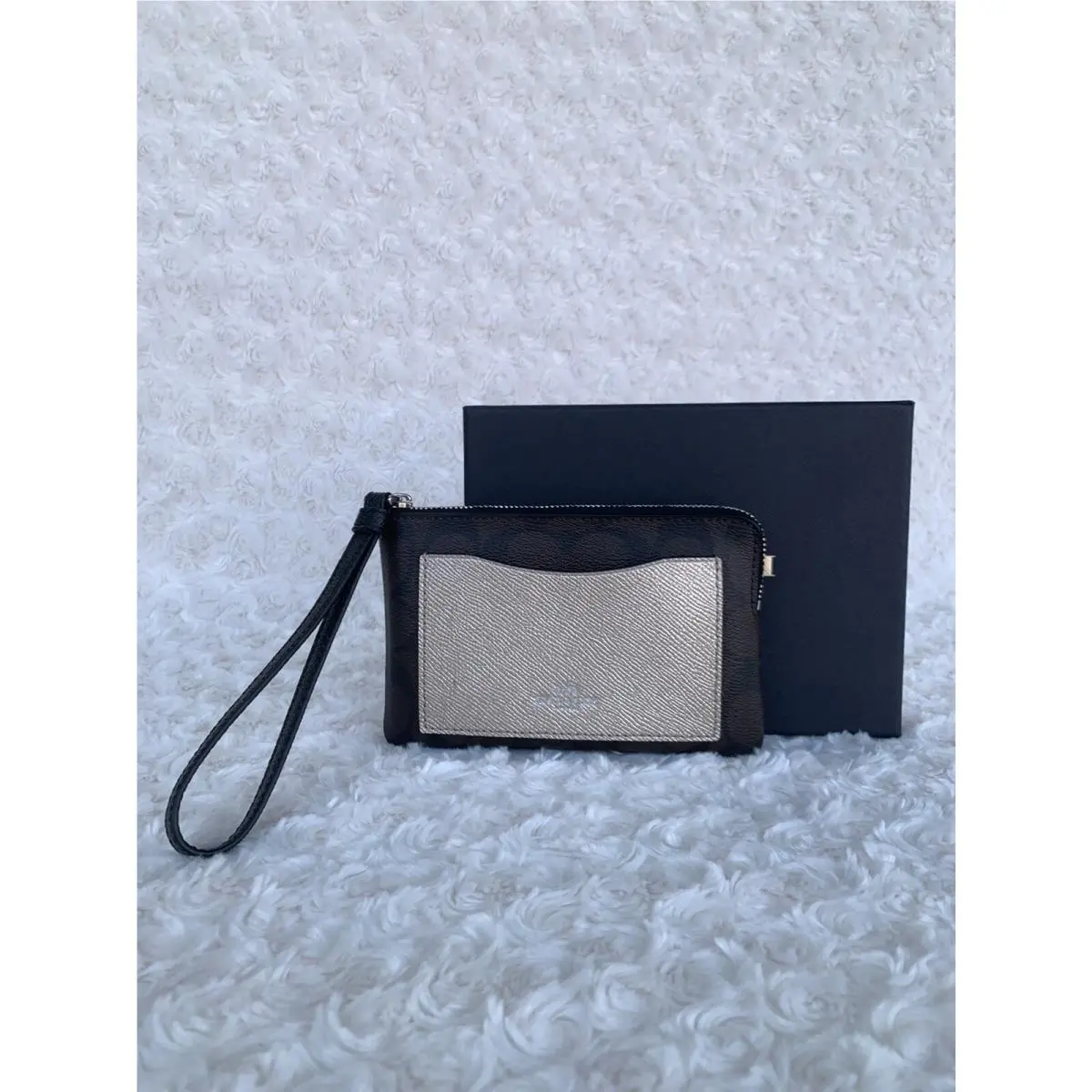 Coach Box LG Metallic Colorblock Corner Zip Wristlet - Brown Black Platinum