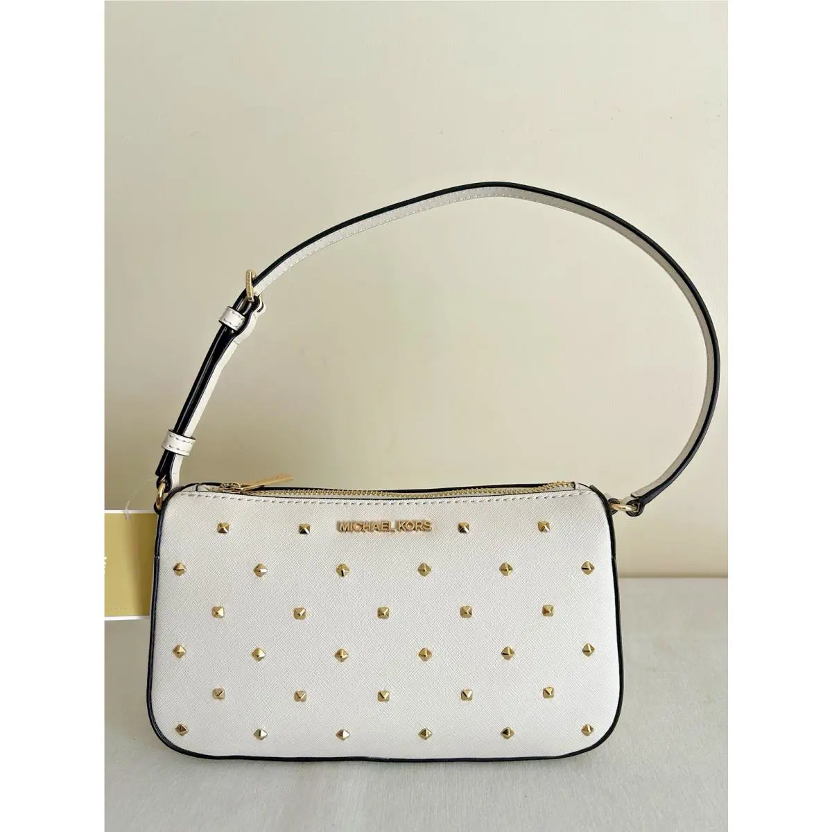 Michael Kors Cream Jet Set Studded MD Pouchette Saffiano Leather Shoulder Bag