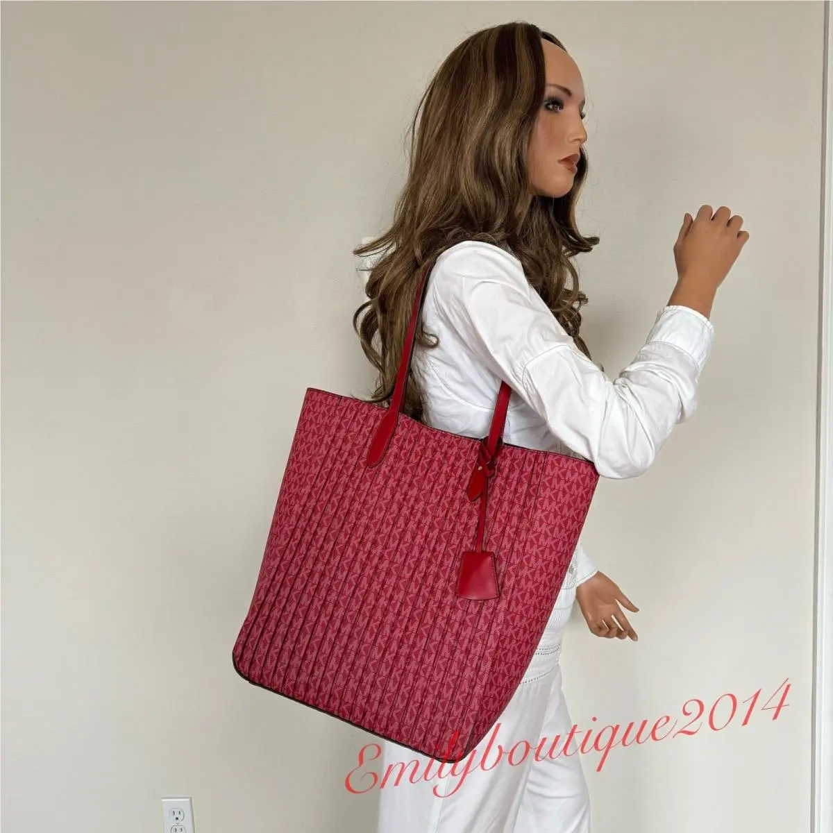 Michael Kors Sinclair Large NS Shopper Tote Crimson Red Canvas Signature Bag