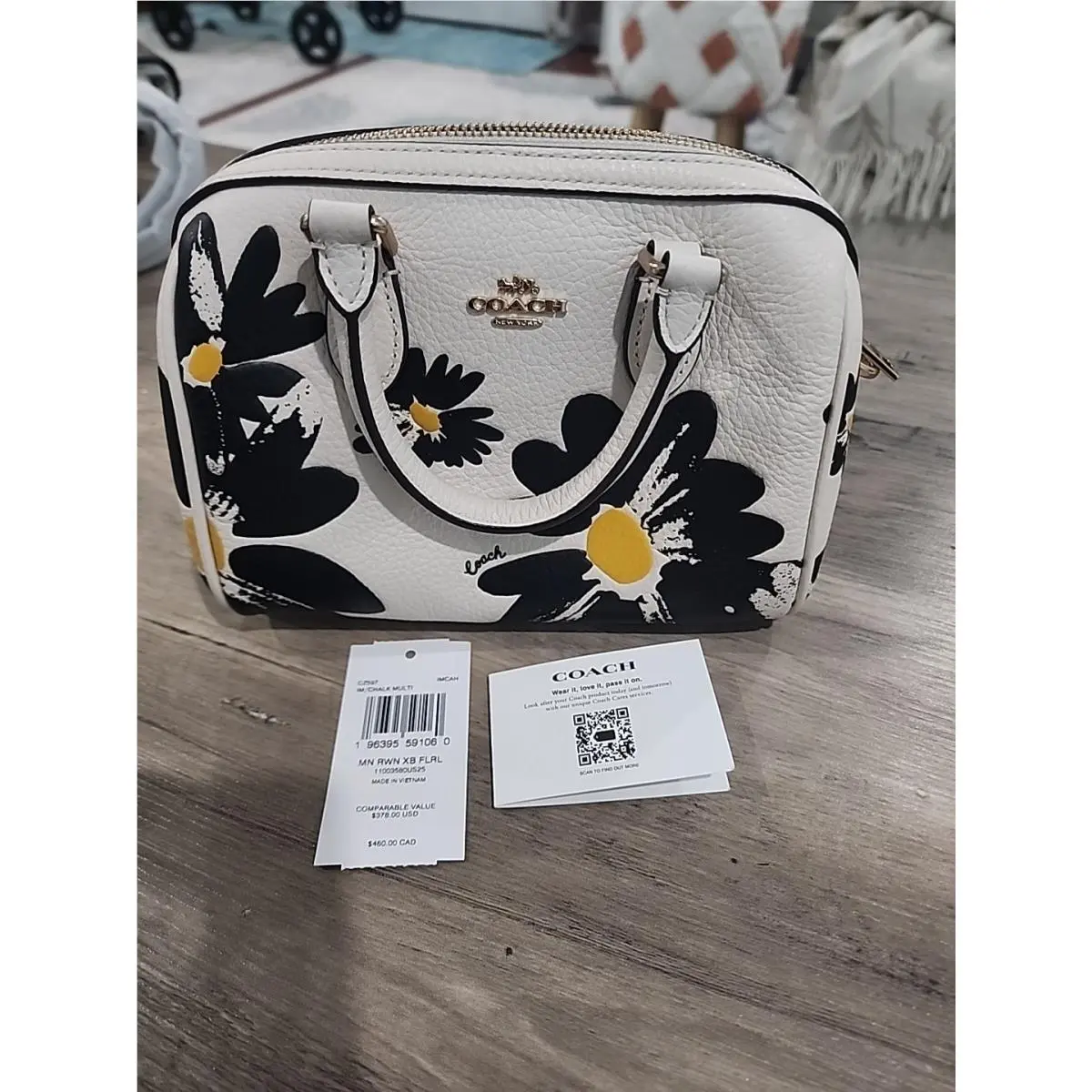 CZ597 Mini Rowan Satchel Crossbody Chalk Leather Black Flowers by Coach