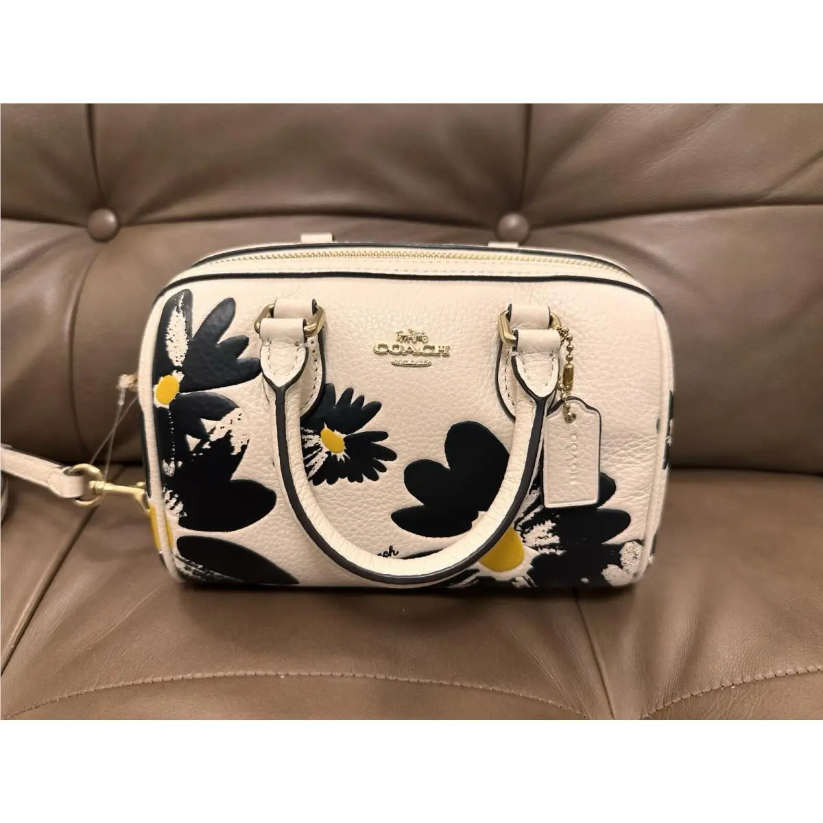 Coach CZ597 Mini Rowan Satchel Crossbody Chalk Leather Black Flowers