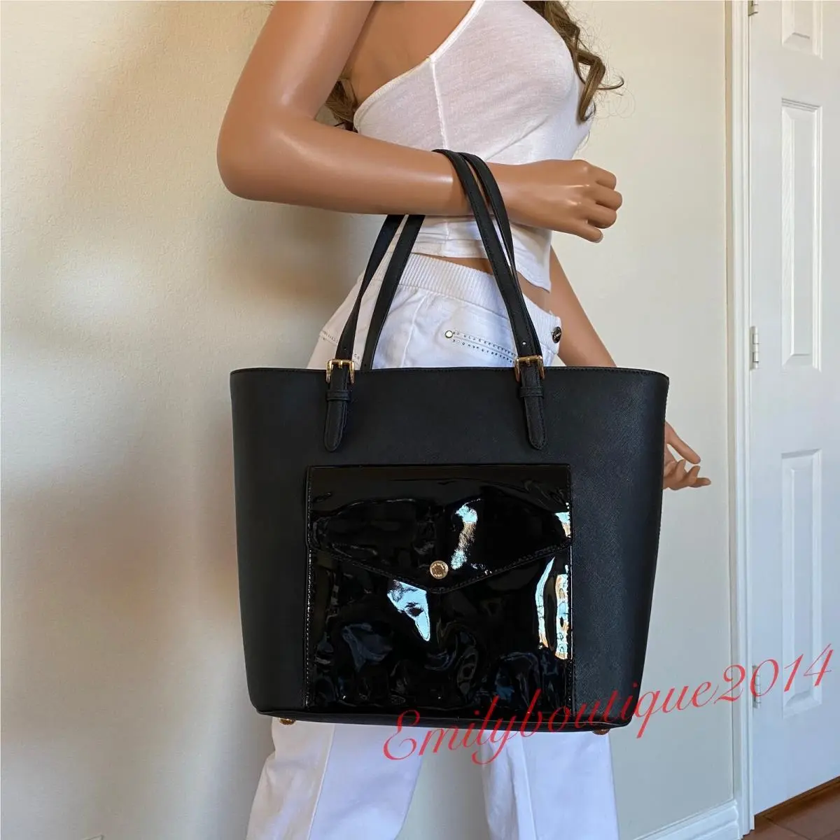 Michael Kors Jet Set Item Multifunction Pocket Tote Black Leather Bag