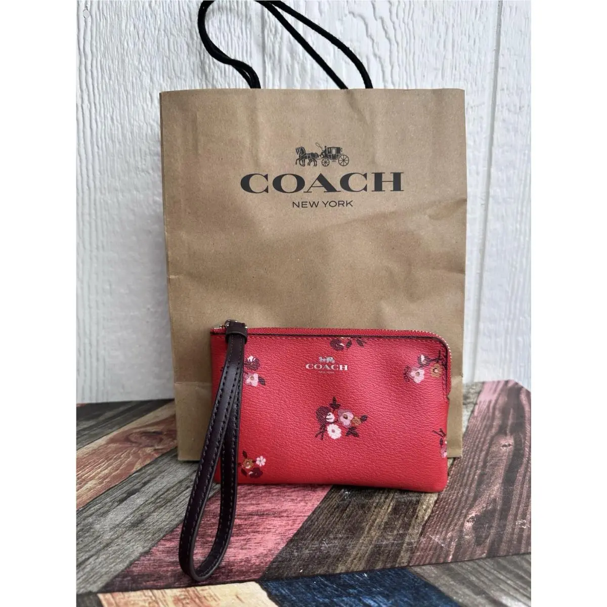 Coach F34316 Red Coated Canvas Baby Bouquet Corner Zip Wristlet Purse Wallet
