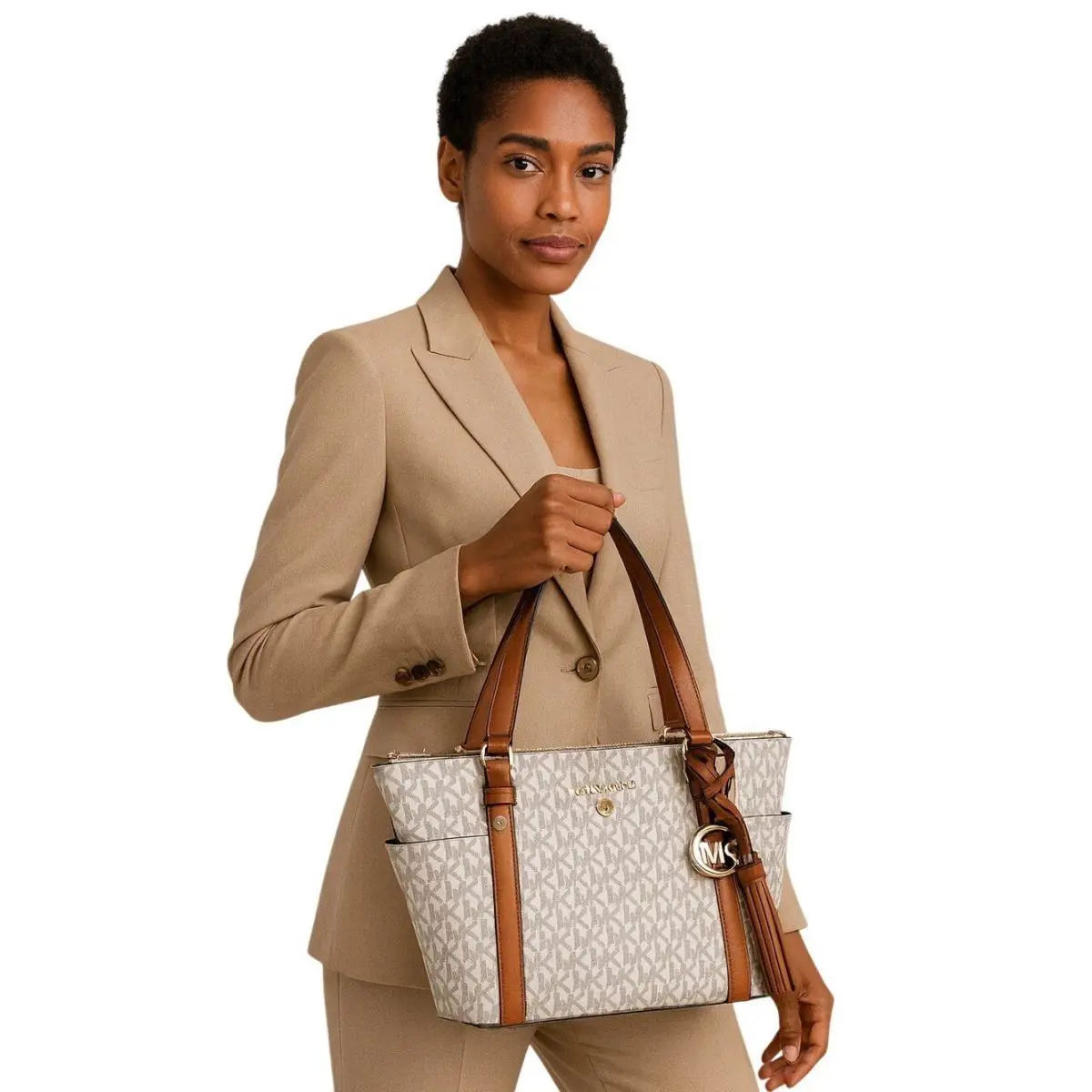 Michael Kors Sullivan Tote Bag Vanilla Acorn Chic Style Logo Tassel