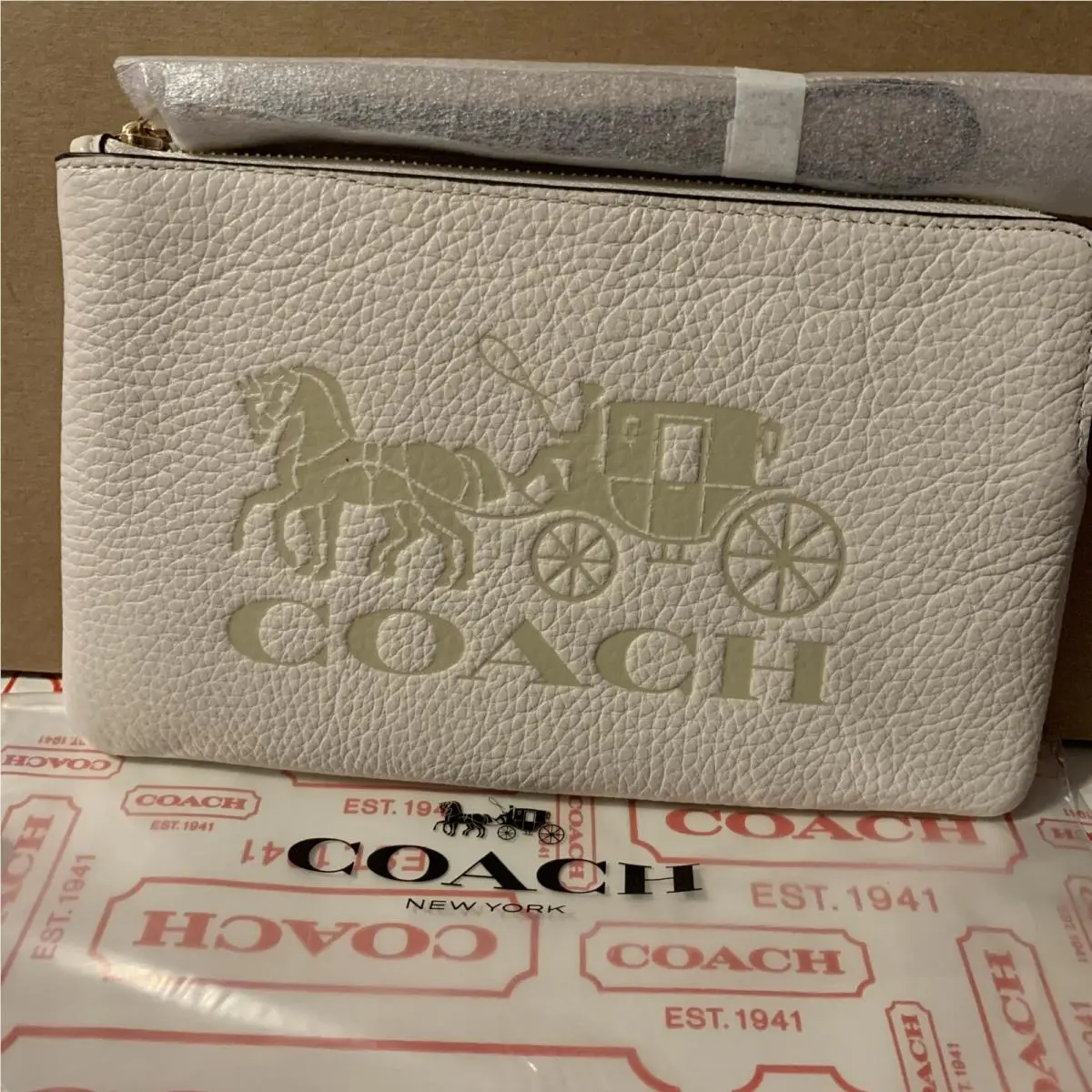 Large Corner Zip Wristlet with Horse Carriage Gold Chalk Vanilla by Coach