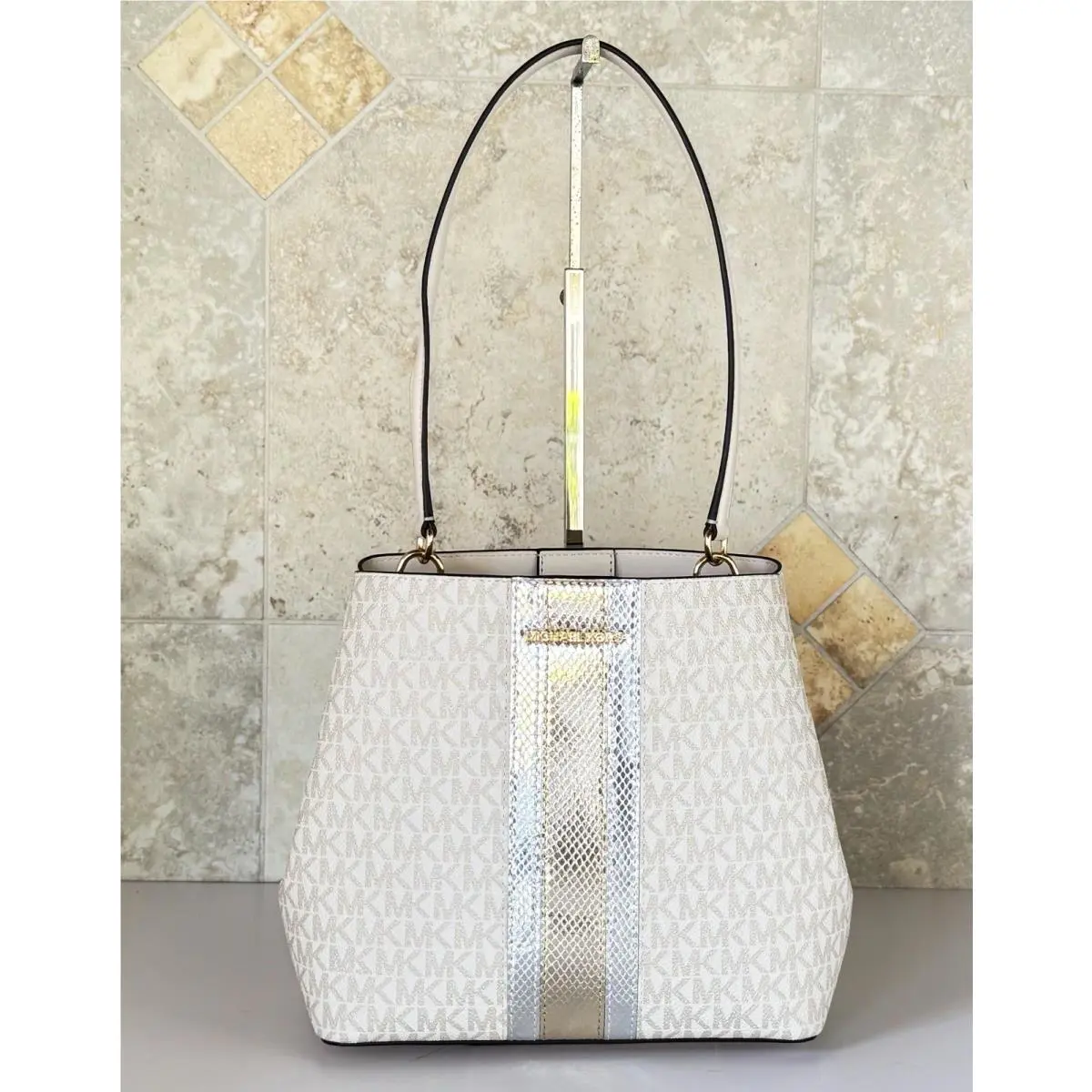 Michael Kors Pratt MD Shoulder Tote Bucket Bag MK Center Stripe Pale Gold Multi