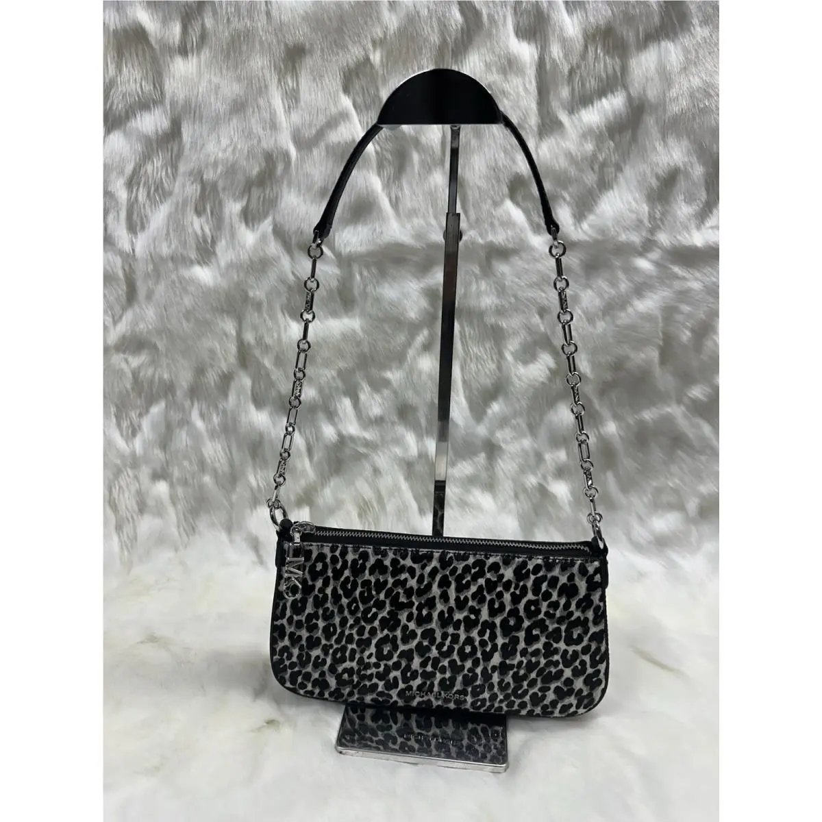 Michael Kors Empire Medium Leopard Print Calf Hair Chain Pouchette Black Multi