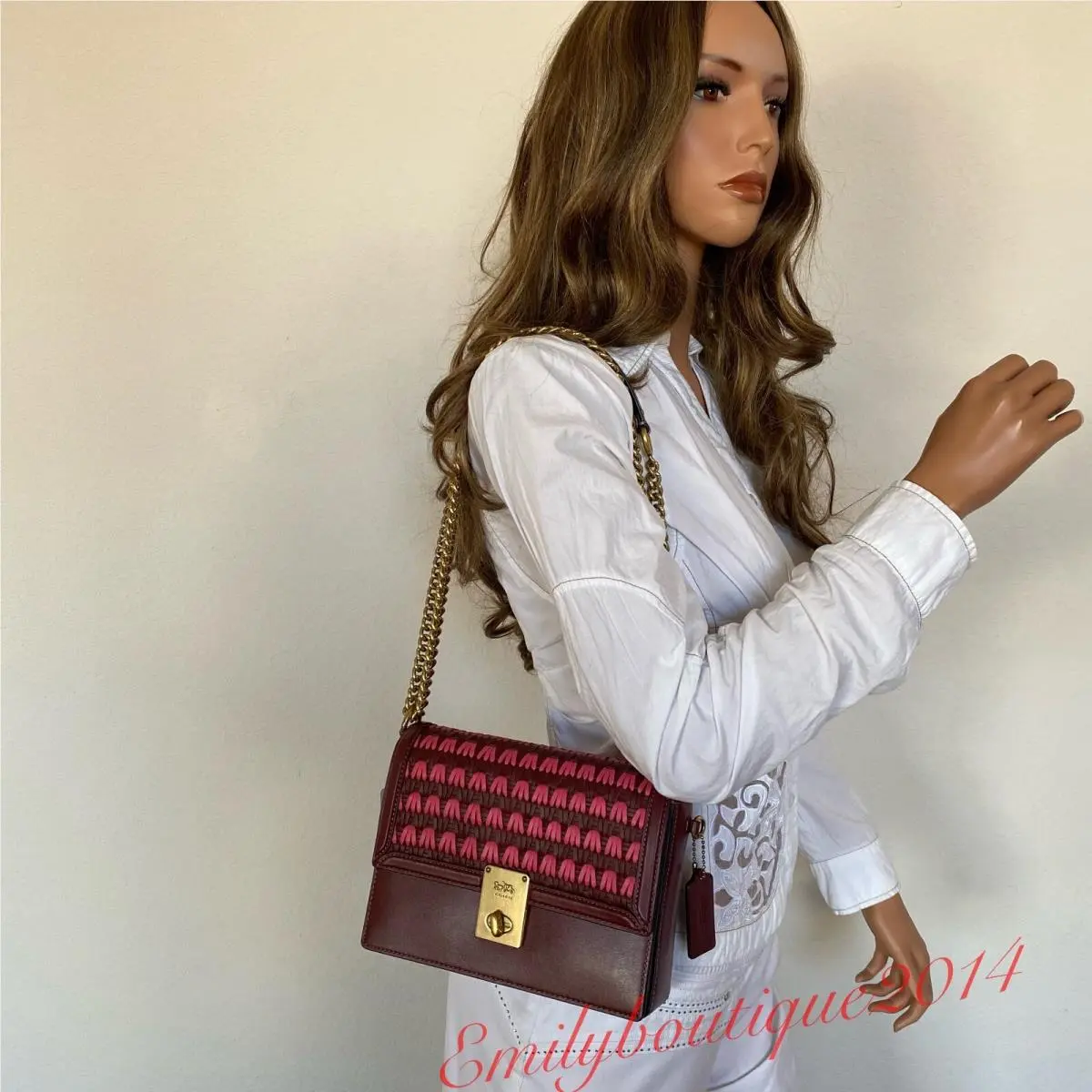 Coach 613 Hutton Shoulder Bag Weaving Wine Leather Chain Crossbody