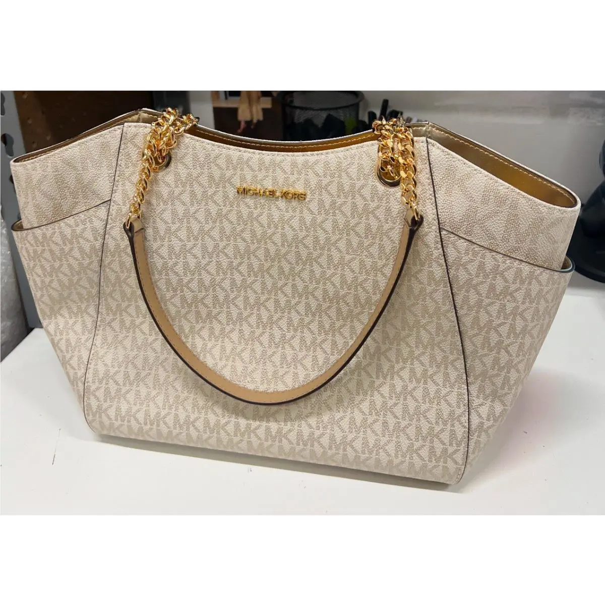 Michael Kors Jet Set Large Signature Logo and Metallic Shoulder Bag - Pale Gold