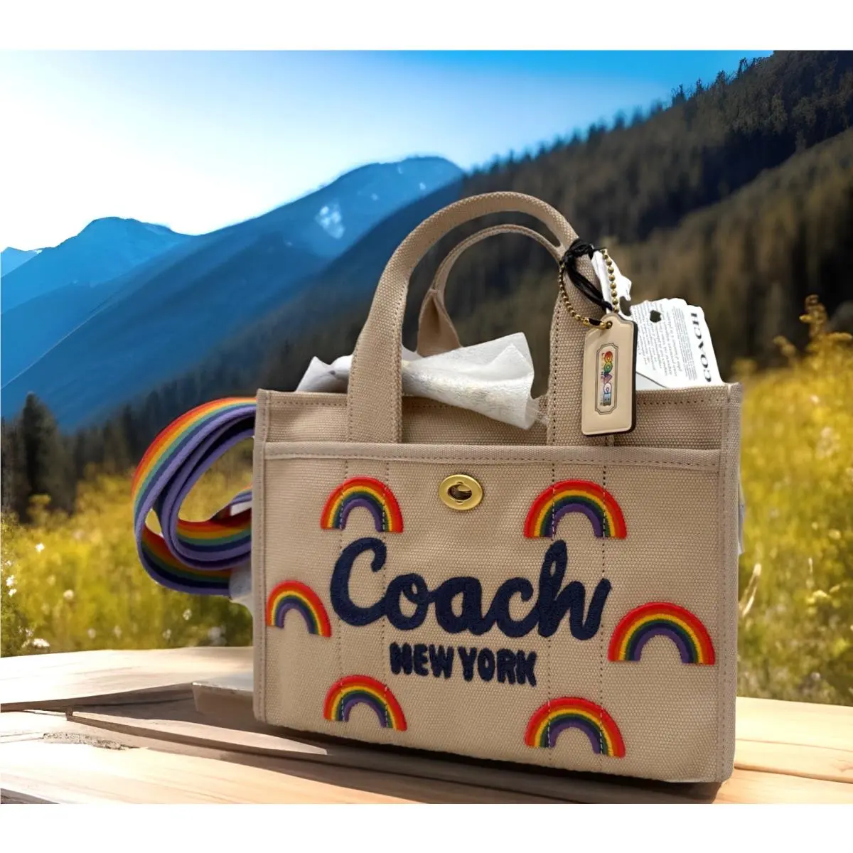 Coach Embroidered Rainbow Cotton Canvas Cargo Tote 26 In DK Natural