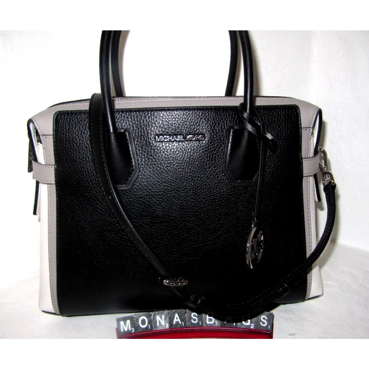 Michael Kors Mercer Medium Color-block Belted Satchel Bag Black White