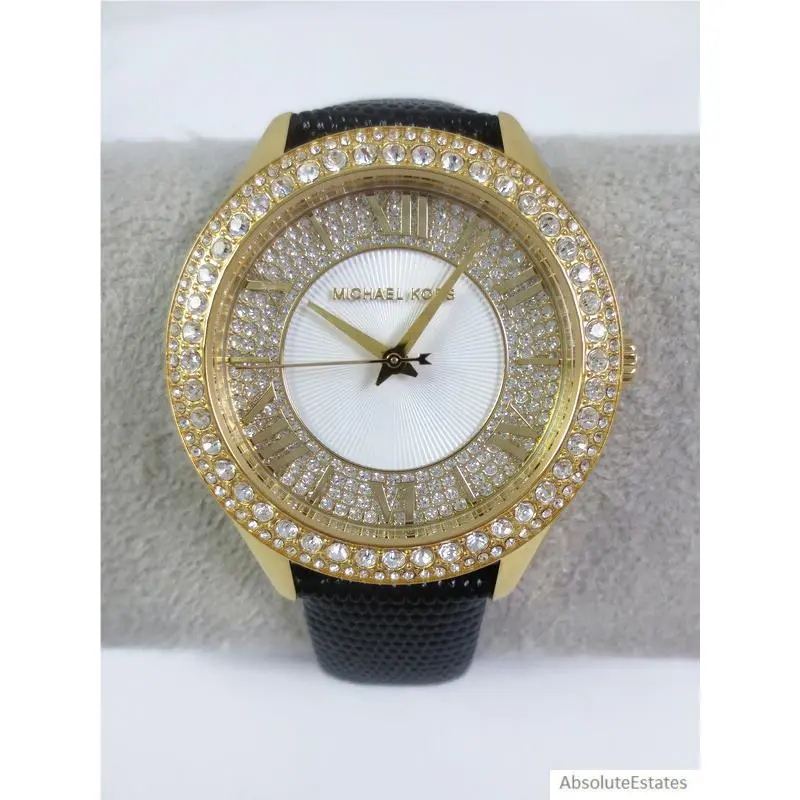 Michael Kors Harlowe Pave Crystal Gold Black Lizard Watch MK2988