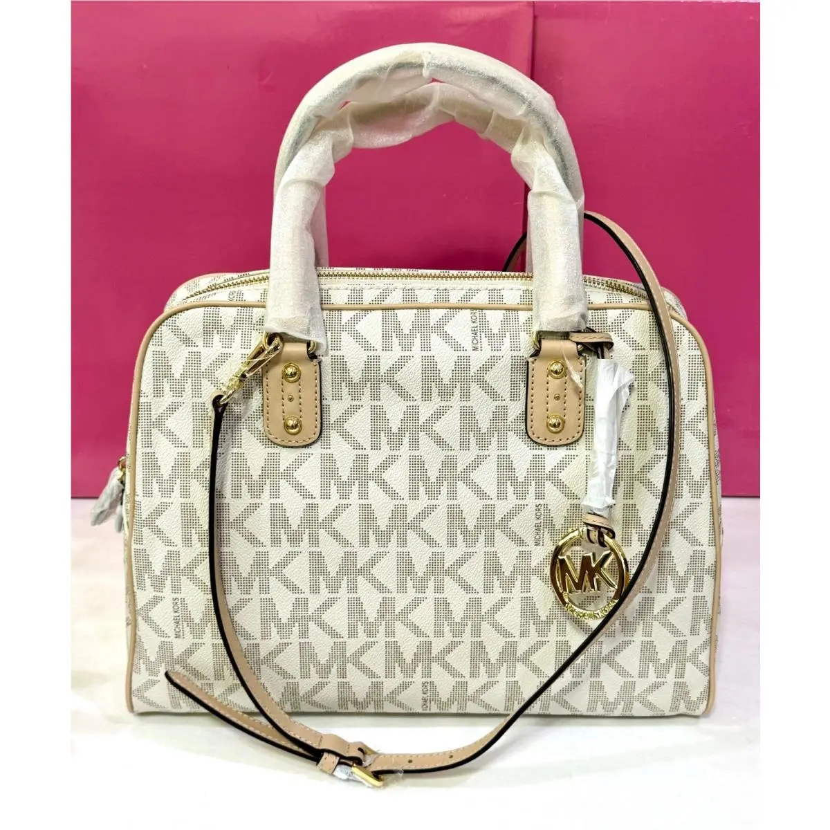 Michael Kors Signature Logo Vanilla Large Satchel Crossbody Bag