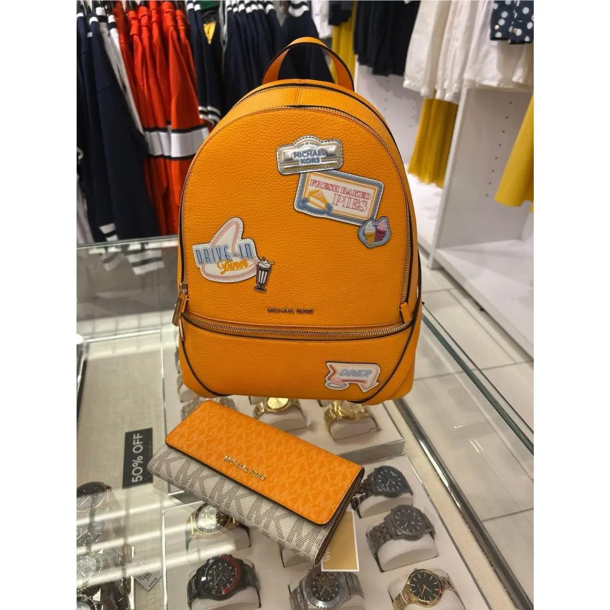 Michael Kors Rhea Medium Color-block Signature Logo Backpack Pop Orange