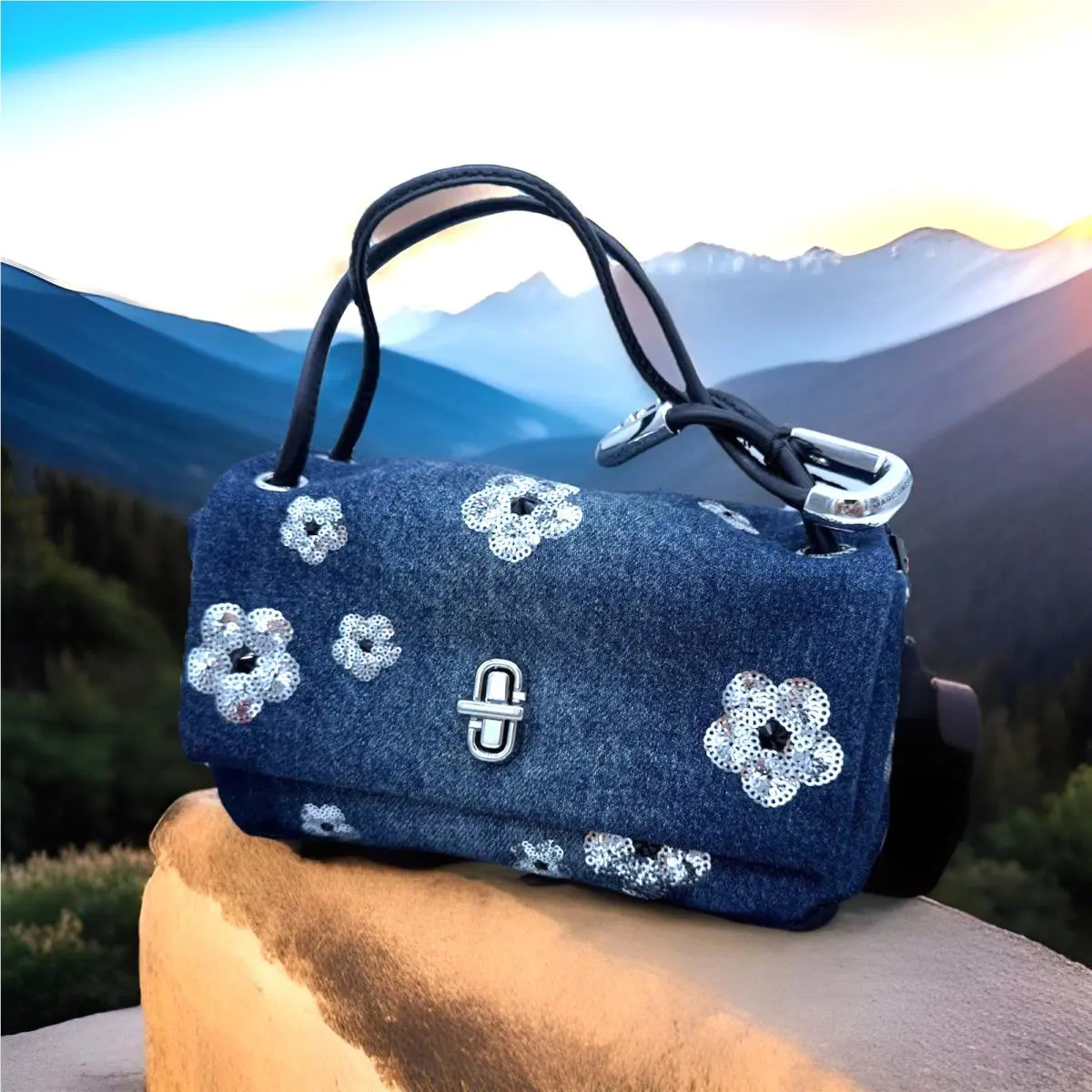 Marc Jacobs The Mini Dual Sequin Daisy Denim Top Handle Bag- Indigo