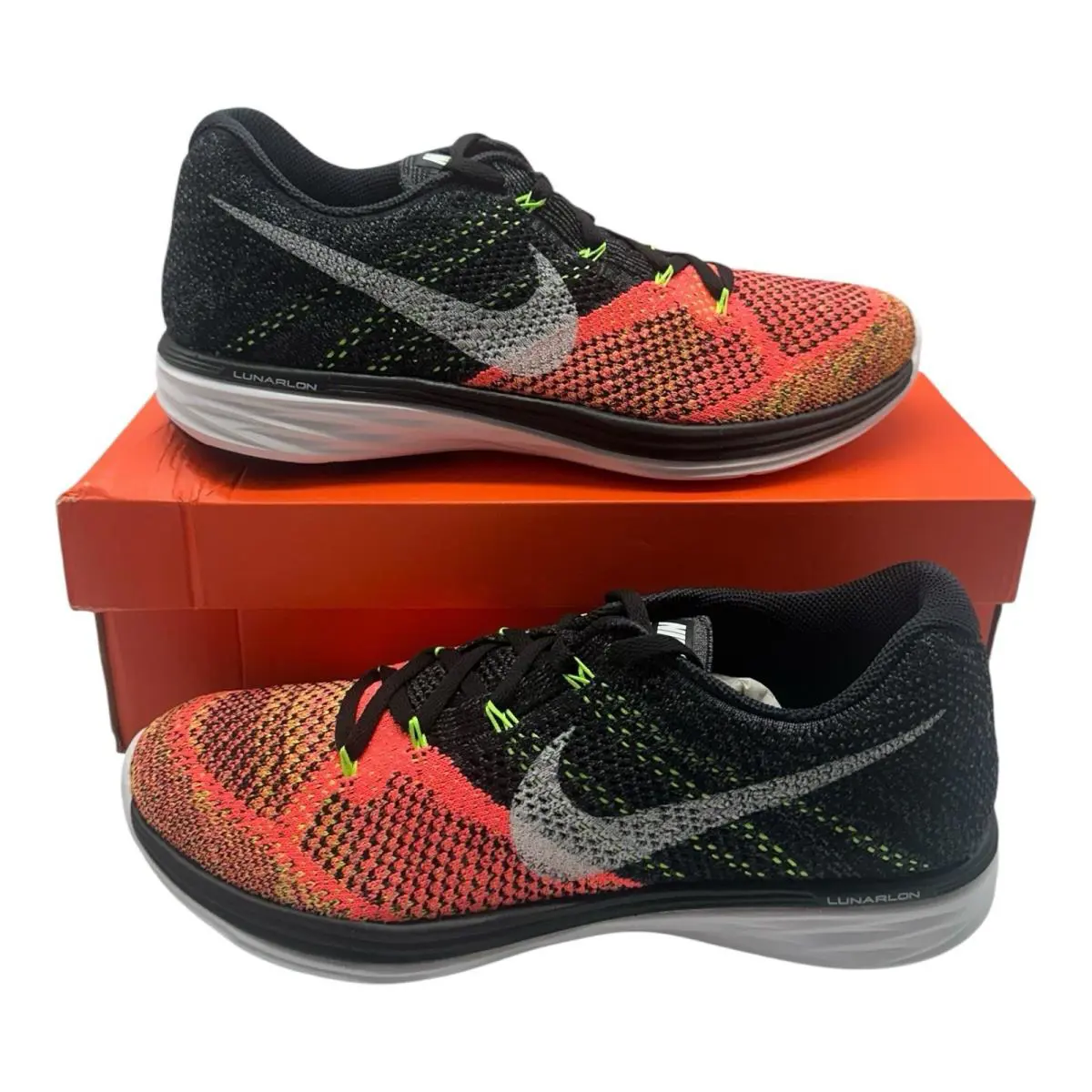Nike Flyknit Lunar3 Running Shoes Mens Sz 9.5 Black White Hot Lava 698181-00 - Orange