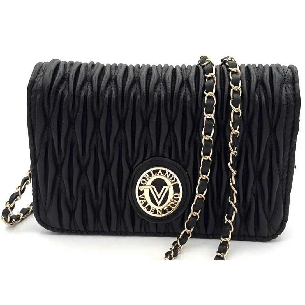 Valentino Orlandi Wavy Quilted Black Crossbody Gold Chain Purse Bag