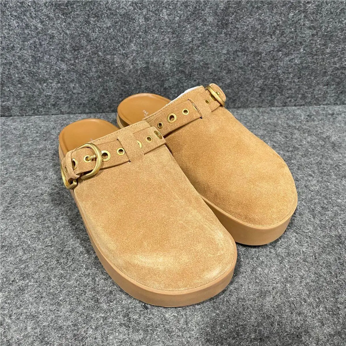 Rag Bone Geo Buckle Mules Women`s Size 6 Brownwood Suede
