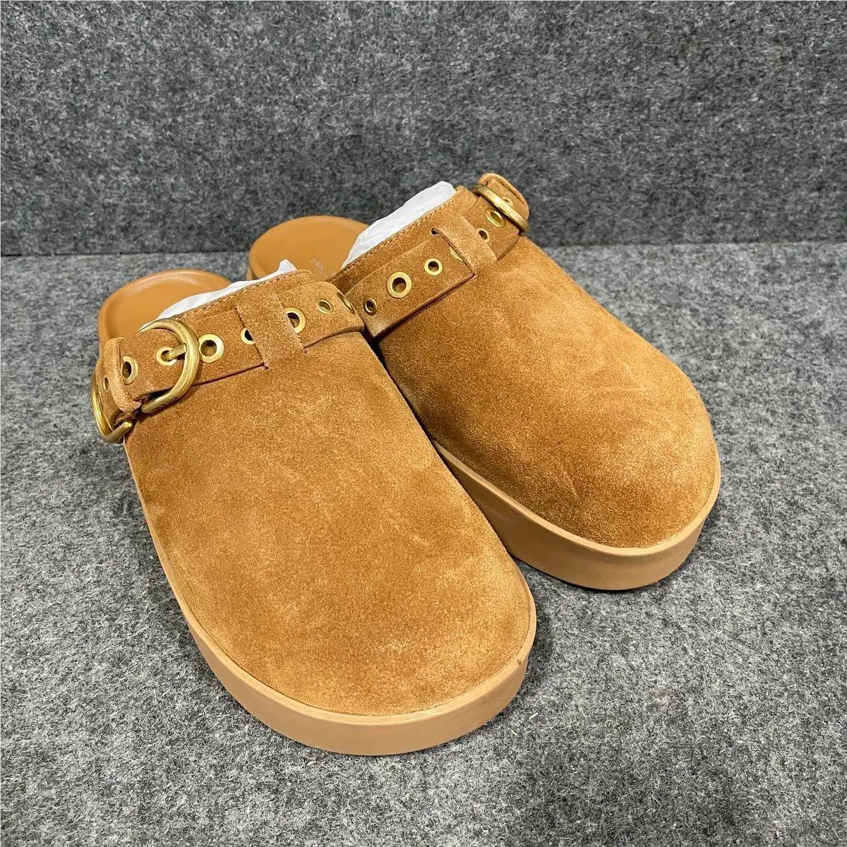 Rag Bone Geo Buckle Platform Mule Women`s Size 6.5 Brownwood Suede