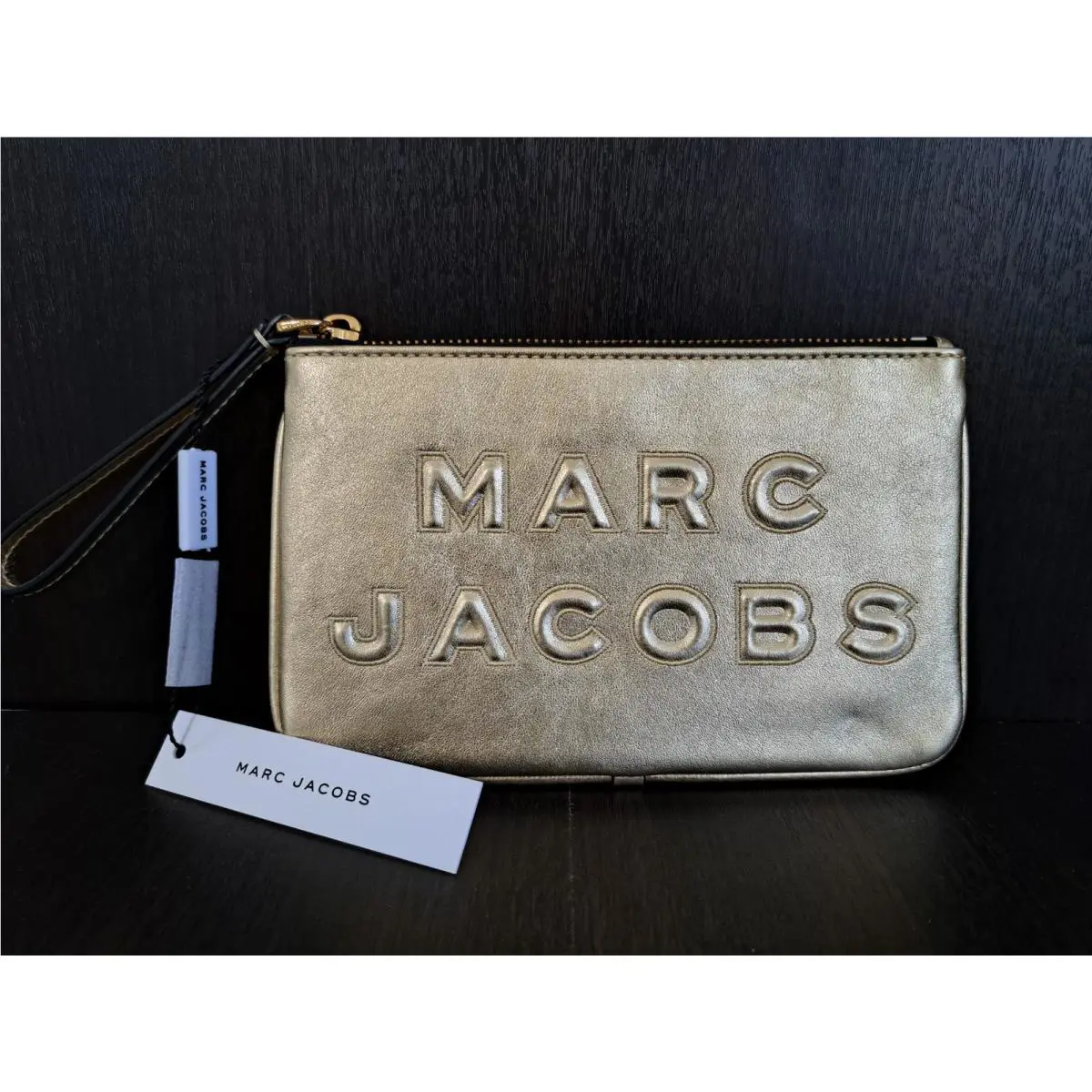Marc Jacobs Metallic Gold Leather Wristlet Women`s Clutch Bag Logo Embossed