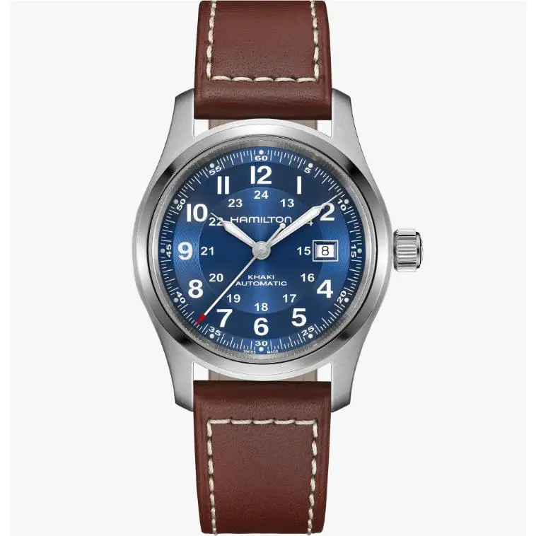 Hamilton Khaki Field Automatic Blue Dial 38mm Men`s Watch H70455540 - Dial: Blue, Band: Brown, Bezel: Silver