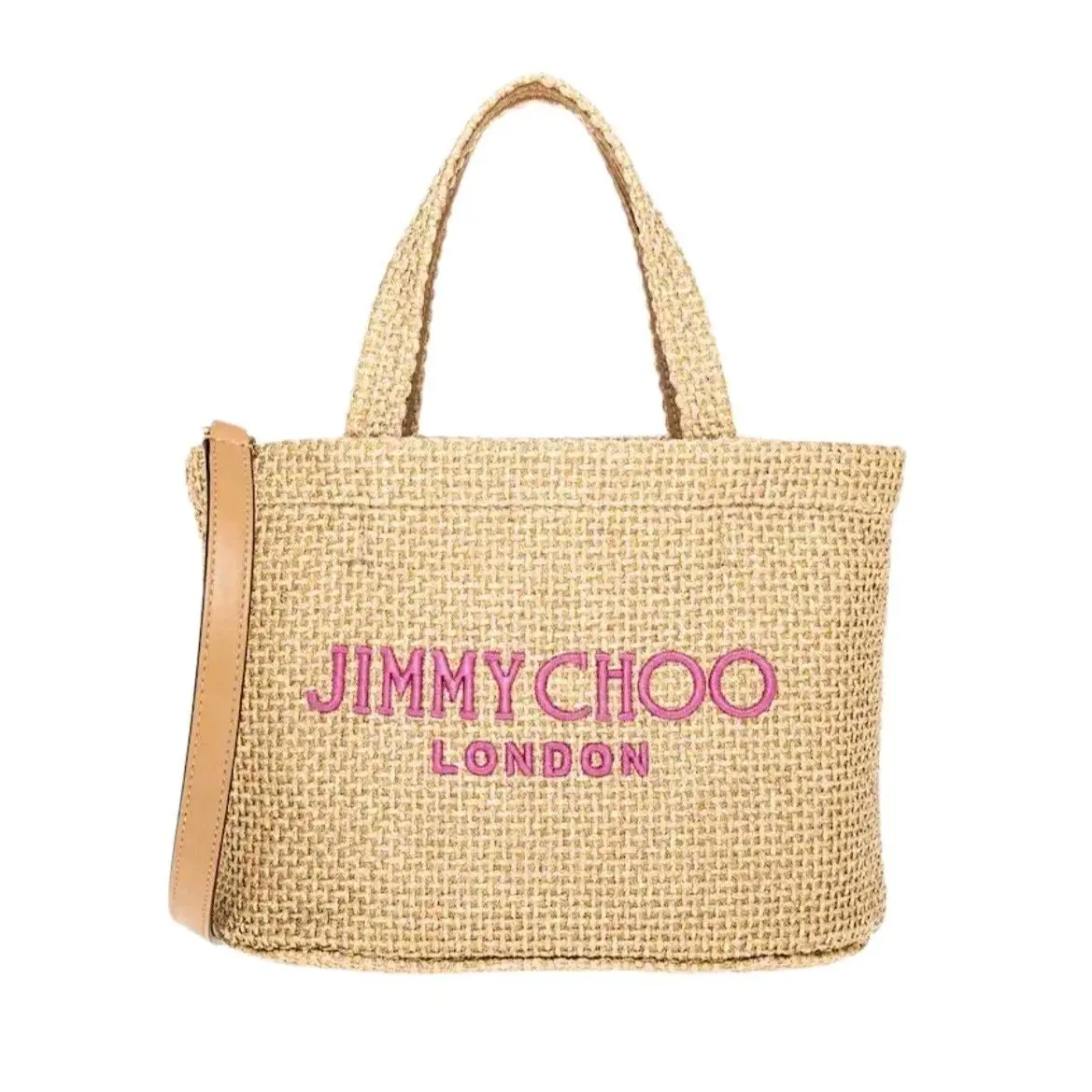 East West Raffia Beach Tote Light Gold Pink Logo Straw Mini Bag Strap by Jimmy Choo