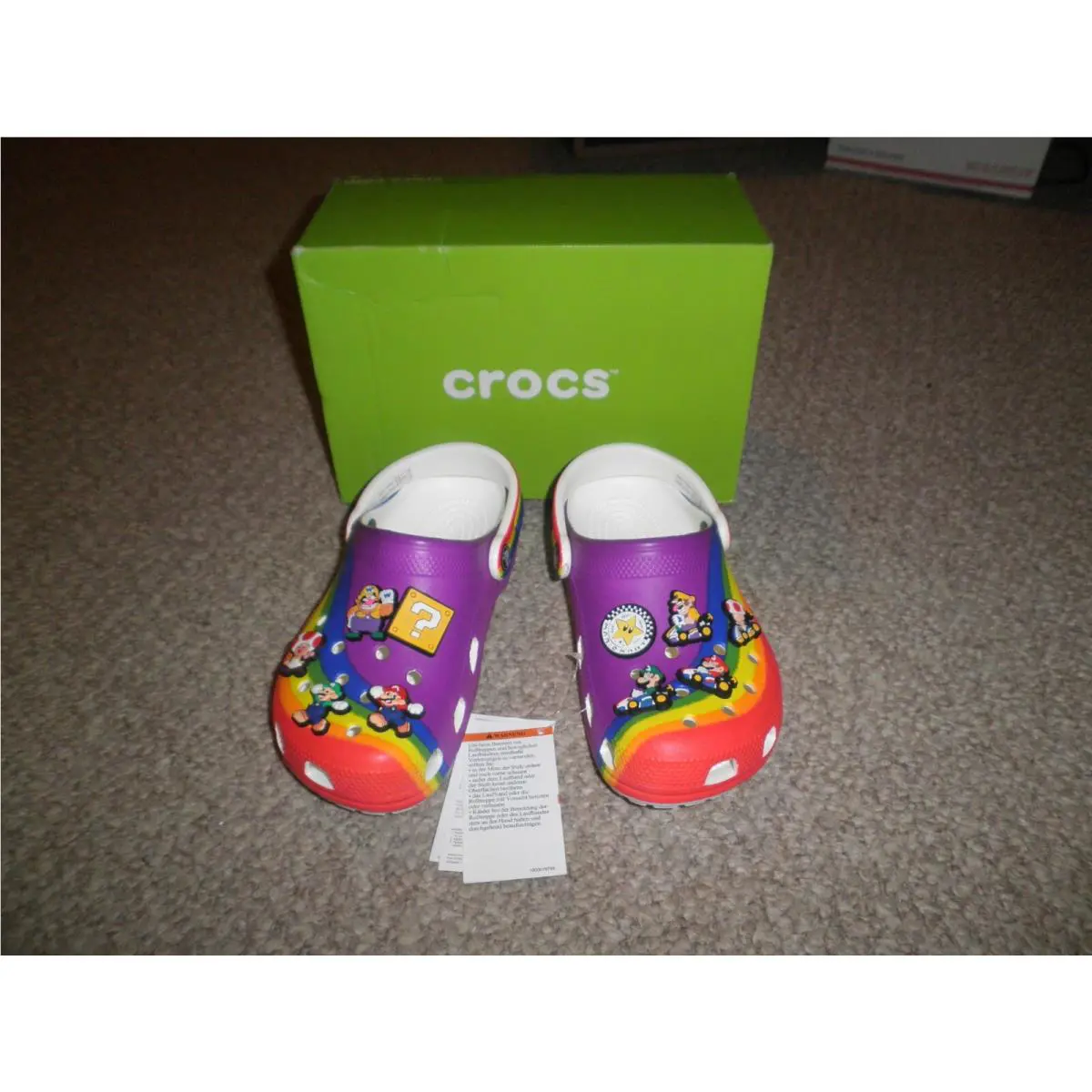 Classic Rainbow Crocs. Size - M4 / W6 with Mario Jibbitz Charms