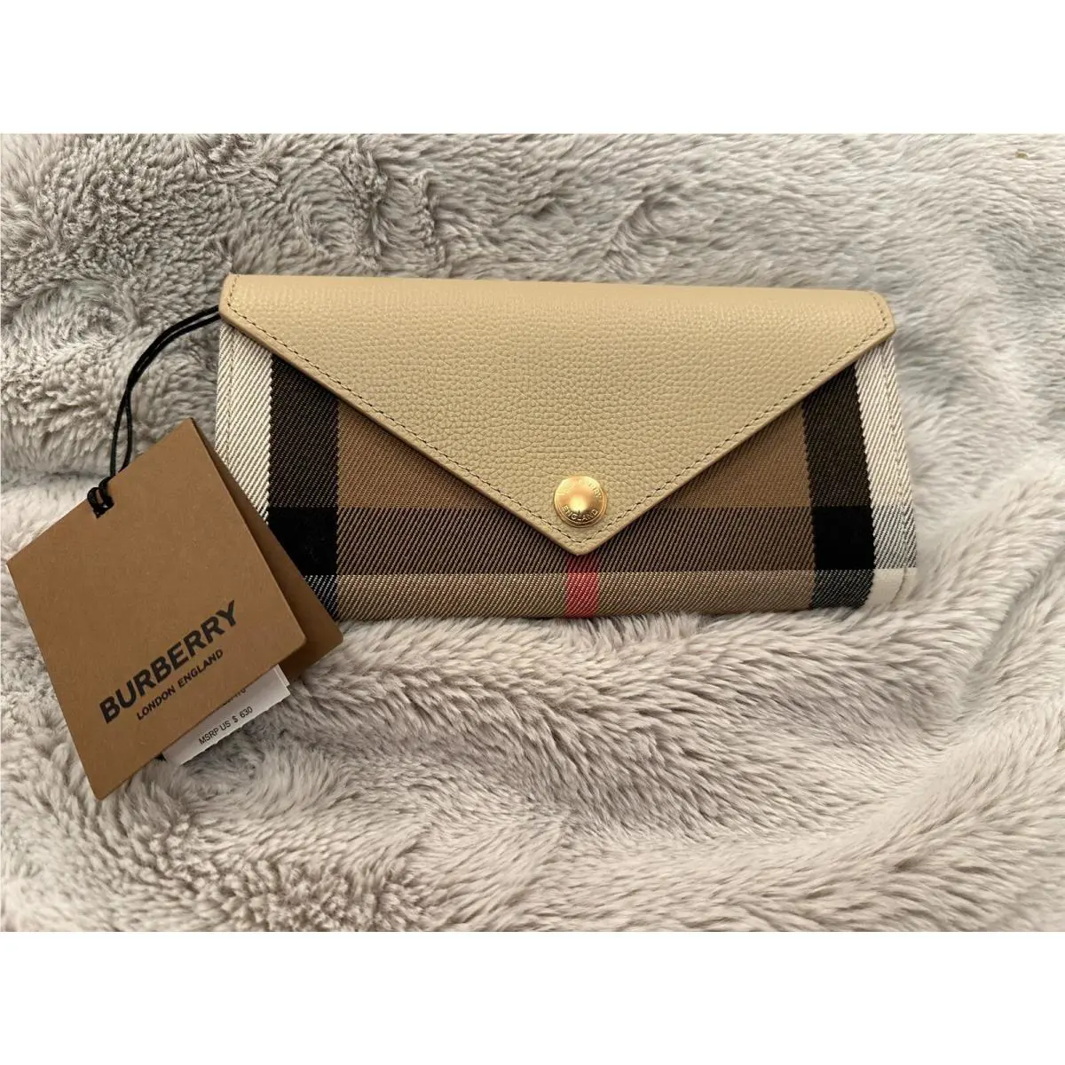 Burberry Halton Check Grainy Leather Long Continental Clutch Wallet Beige