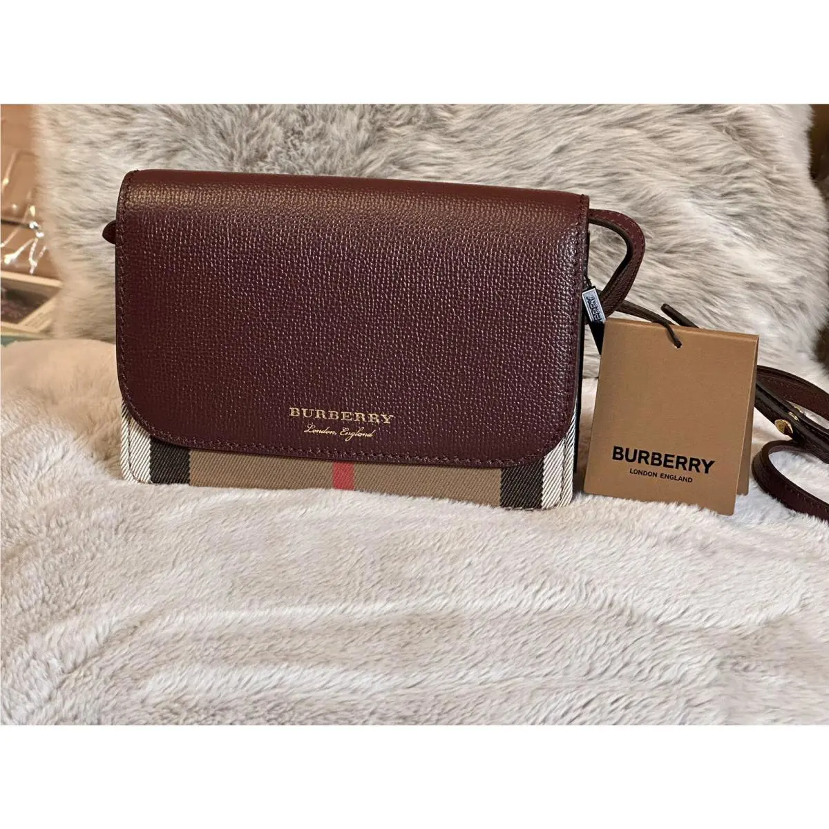 Burberry London Hampshire Red Mahogany House Check Derby Crossbody Handbag