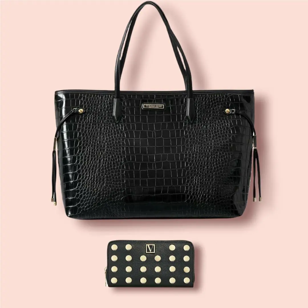 2pc Victoria`s Secret The Victoria Carryall Tote+python Wallet Set Many Colornwt Black Logo Lily Whipstitch by Victoria's Secret