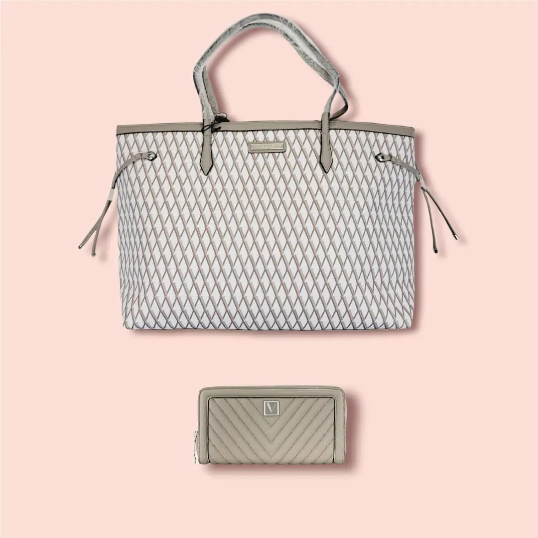 2pc Victoria`s Secret The Victoria Carryall Tote+python Wallet Set Many Colornwt Grey White V Logo by Victoria's Secret