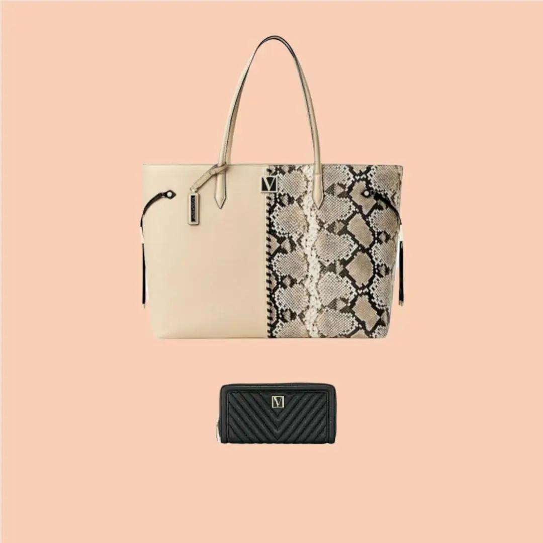 2pc Victoria`s Secret The Victoria Carryall Tote+python Wallet Set Many Colornwt Sand Python by Victoria's Secret