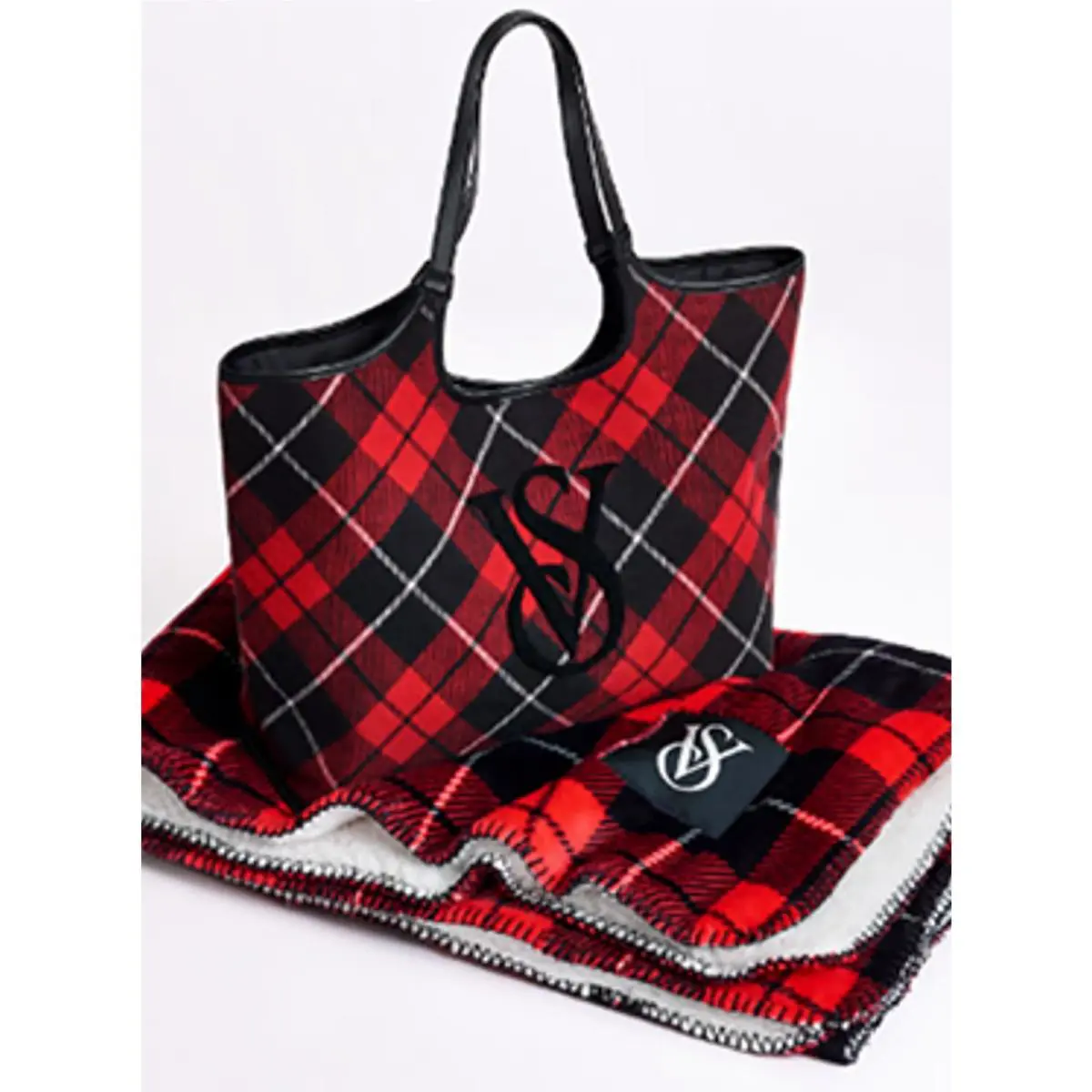 Victoria’s Secret Limited Edition Tote Sherpa Blanket Set Red Black Plaid